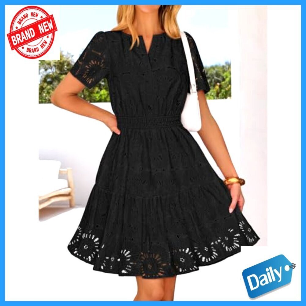 Lace Eyelet Mini Dress with Puff Sleeves and Side Pockets - Picture 3 of 7